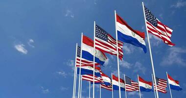 förenad stater och paraguay flaggor vinka tillsammans i de himmel, sömlös slinga i vind, Plats på vänster sida för design eller information, 3d tolkning video