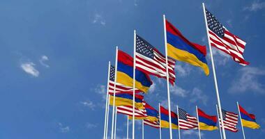 United States and Armenia Flags Waving Together in the Sky, Seamless Loop in Wind, Space on Left Side for Design or Information, 3D Rendering video