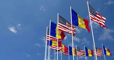 United States and Andorra Flags Waving Together in the Sky, Seamless Loop in Wind, Space on Left Side for Design or Information, 3D Rendering video