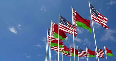 United States and Belarus Flags Waving Together in the Sky, Seamless Loop in Wind, Space on Left Side for Design or Information, 3D Rendering video