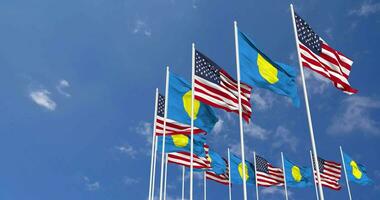 United States and Palau Flags Waving Together in the Sky, Seamless Loop in Wind, Space on Left Side for Design or Information, 3D Rendering video