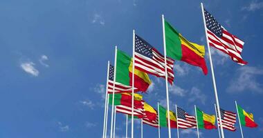 United States and Benin Flags Waving Together in the Sky, Seamless Loop in Wind, Space on Left Side for Design or Information, 3D Rendering video