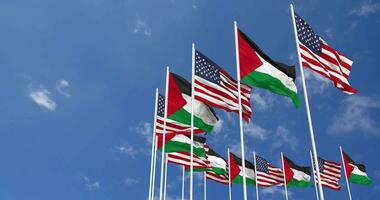 uni États et Palestine drapeaux agitant ensemble dans le ciel, sans couture boucle dans vent, espace sur la gauche côté pour conception ou information, 3d le rendu video