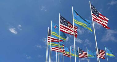 United States and Aruba Flags Waving Together in the Sky, Seamless Loop in Wind, Space on Left Side for Design or Information, 3D Rendering video