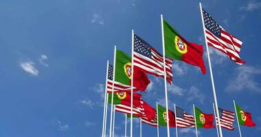 United States and Portugal Flags Waving Together in the Sky, Seamless Loop in Wind, Space on Left Side for Design or Information, 3D Rendering video