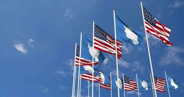 United States and Antarctica Flags Waving Together in the Sky, Seamless Loop in Wind, Space on Left Side for Design or Information, 3D Rendering video