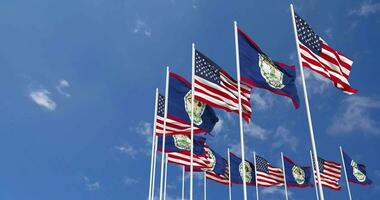 United States and Belize Flags Waving Together in the Sky, Seamless Loop in Wind, Space on Left Side for Design or Information, 3D Rendering video