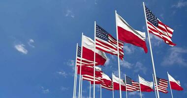 United States and Poland Flags Waving Together in the Sky, Seamless Loop in Wind, Space on Left Side for Design or Information, 3D Rendering video