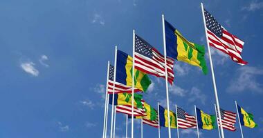 United States and Saint Vincent and the Grenadines Flags Waving Together in the Sky, Seamless Loop in Wind, Space on Left Side for Design or Information, 3D Rendering video