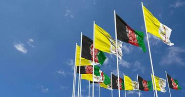 Afeganistão e Vaticano cidade bandeiras acenando juntos dentro a céu, desatado ciclo dentro vento, espaço em esquerda lado para Projeto ou Informação, 3d Renderização video