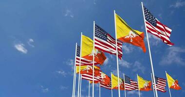 United States and Bhutan Flags Waving Together in the Sky, Seamless Loop in Wind, Space on Left Side for Design or Information, 3D Rendering video