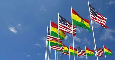 United States and Bolivia Flags Waving Together in the Sky, Seamless Loop in Wind, Space on Left Side for Design or Information, 3D Rendering video