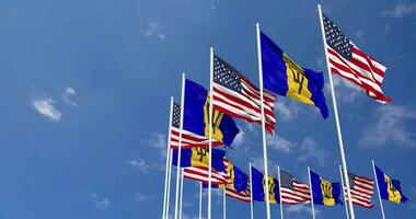 United States and Barbados Flags Waving Together in the Sky, Seamless Loop in Wind, Space on Left Side for Design or Information, 3D Rendering video