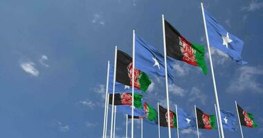 Afghanistan and Somalia Flags Waving Together in the Sky, Seamless Loop in Wind, Space on Left Side for Design or Information, 3D Rendering video