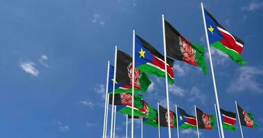 Afghanistan and South Sudan Flags Waving Together in the Sky, Seamless Loop in Wind, Space on Left Side for Design or Information, 3D Rendering video