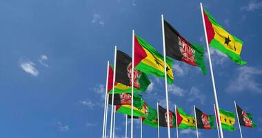 Afghanistan and Sao Tome and Principe Flags Waving Together in the Sky, Seamless Loop in Wind, Space on Left Side for Design or Information, 3D Rendering video