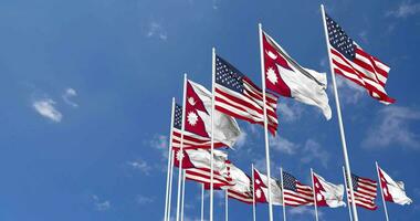 United States and Nepal Flags Waving Together in the Sky, Seamless Loop in Wind, Space on Left Side for Design or Information, 3D Rendering video
