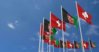 Afghanistan and Switzerland Flags Waving Together in the Sky, Seamless Loop in Wind, Space on Left Side for Design or Information, 3D Rendering video