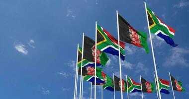 Afeganistão e sul África bandeiras acenando juntos dentro a céu, desatado ciclo dentro vento, espaço em esquerda lado para Projeto ou Informação, 3d Renderização video
