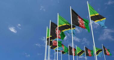 Afghanistan and Tanzania Flags Waving Together in the Sky, Seamless Loop in Wind, Space on Left Side for Design or Information, 3D Rendering video