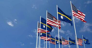 United States and Nauru Flags Waving Together in the Sky, Seamless Loop in Wind, Space on Left Side for Design or Information, 3D Rendering video