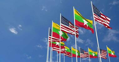 United States and Myanmar, Burma Flags Waving Together in the Sky, Seamless Loop in Wind, Space on Left Side for Design or Information, 3D Rendering video