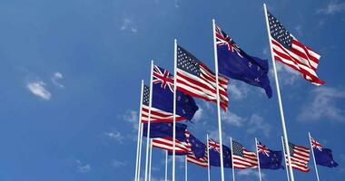 United States and New Zealand Flags Waving Together in the Sky, Seamless Loop in Wind, Space on Left Side for Design or Information, 3D Rendering video