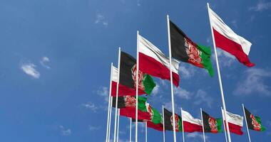 Afghanistan and Poland Flags Waving Together in the Sky, Seamless Loop in Wind, Space on Left Side for Design or Information, 3D Rendering video