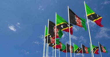 Afghanistan and Saint Kitts and Nevis Flags Waving Together in the Sky, Seamless Loop in Wind, Space on Left Side for Design or Information, 3D Rendering video