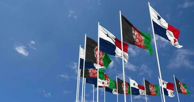 Afghanistan and Panama Flags Waving Together in the Sky, Seamless Loop in Wind, Space on Left Side for Design or Information, 3D Rendering video