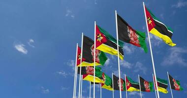 Afghanistan and Mozambique Flags Waving Together in the Sky, Seamless Loop in Wind, Space on Left Side for Design or Information, 3D Rendering video