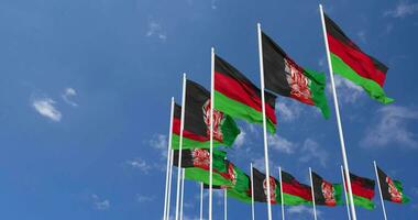 Afghanistan and Malawi Flags Waving Together in the Sky, Seamless Loop in Wind, Space on Left Side for Design or Information, 3D Rendering video