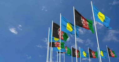 Afeganistão e Palau bandeiras acenando juntos dentro a céu, desatado ciclo dentro vento, espaço em esquerda lado para Projeto ou Informação, 3d Renderização video