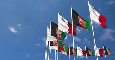 Afghanistan and Malta Flags Waving Together in the Sky, Seamless Loop in Wind, Space on Left Side for Design or Information, 3D Rendering video