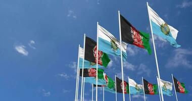 afghanistan en san marino vlaggen golvend samen in de lucht, naadloos lus in wind, ruimte Aan links kant voor ontwerp of informatie, 3d renderen video