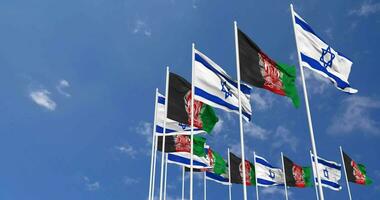 Afghanistan and Israel Flags Waving Together in the Sky, Seamless Loop in Wind, Space on Left Side for Design or Information, 3D Rendering video