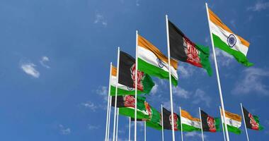 Afghanistan and India Flags Waving Together in the Sky, Seamless Loop in Wind, Space on Left Side for Design or Information, 3D Rendering video