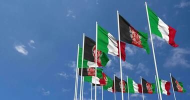 Afghanistan and Italy Flags Waving Together in the Sky, Seamless Loop in Wind, Space on Left Side for Design or Information, 3D Rendering video