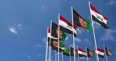 Afghanistan and Iraq Flags Waving Together in the Sky, Seamless Loop in Wind, Space on Left Side for Design or Information, 3D Rendering video
