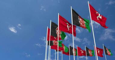 Afghanistan and Isle of Man Flags Waving Together in the Sky, Seamless Loop in Wind, Space on Left Side for Design or Information, 3D Rendering video