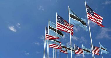 United States and Botswana Flags Waving Together in the Sky, Seamless Loop in Wind, Space on Left Side for Design or Information, 3D Rendering video