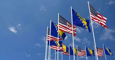 United States and Bosnia and Herzegovina Flags Waving Together in the Sky, Seamless Loop in Wind, Space on Left Side for Design or Information, 3D Rendering video