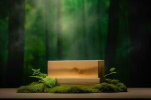 AI generated Wooden pedestal display platform for product placement nature background 3d rendering. Ai generated photo