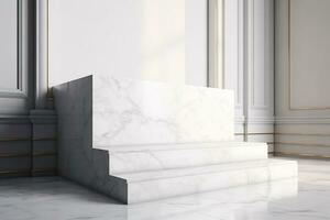 AI generated Marble white podium product display background. Template with product placement.  Ai generated photo