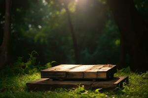 AI generated Wooden podium product display nature background. Template with product placement.  Ai generated photo