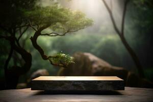 AI generated Wooden pedestal display platform for product placement nature background 3d rendering. Ai generated photo