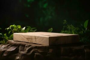 AI generated Wooden podium product display nature background. Template with product placement.  Ai generated photo