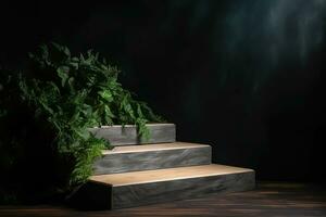 AI generated Wooden pedestal display platform for product placement nature background 3d rendering. Ai generated photo