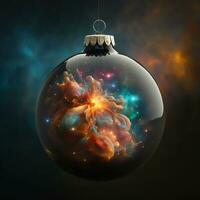 ai generado nebulosa en un Navidad pelota de cerca en oscuro antecedentes. espacio ilustración foto