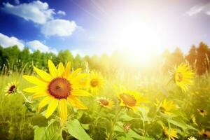 ai generado girasoles en luz de sol de cerca verano antecedentes. ai generado foto